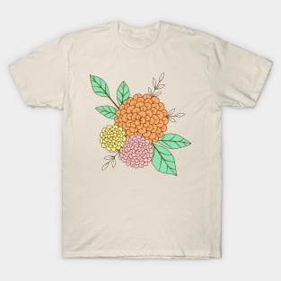 Wild colorful flowers botanical design in green, orange, pink and yellow T-Shirt